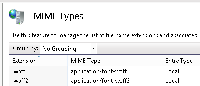 screenshot of adding woff mime types to IIS