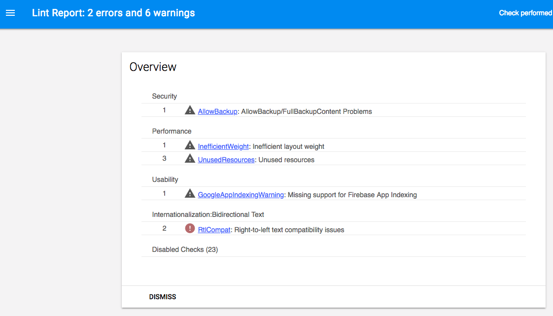 Screenshot of lint results