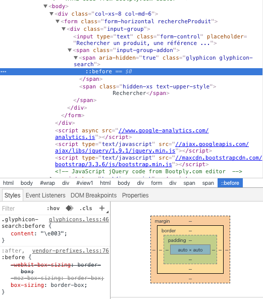 Screenshot of the Glyphicon span behaviour in the DOM