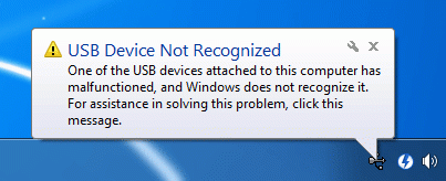 The error message USB Device Not Recognized
