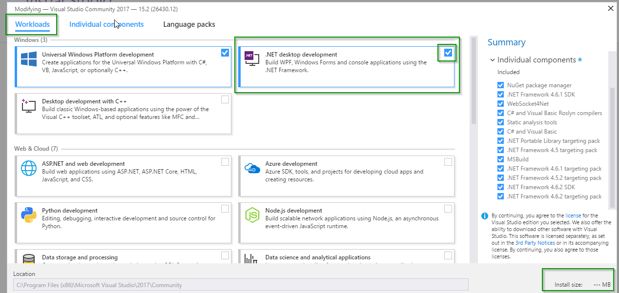 Open Visual Studio installer; either "Modify" existing installation or begin a new installation. On the "Workloads" tab, choose the ".NET desktop devvelopment" option