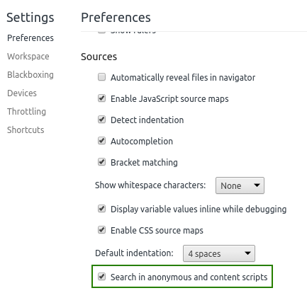 Search in anonymous and content scripts DevTools Settings Preferences