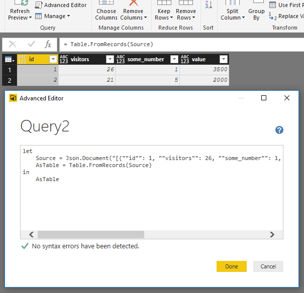 Showing the example query in use in the Query Editor and Advanced Editor interfaces