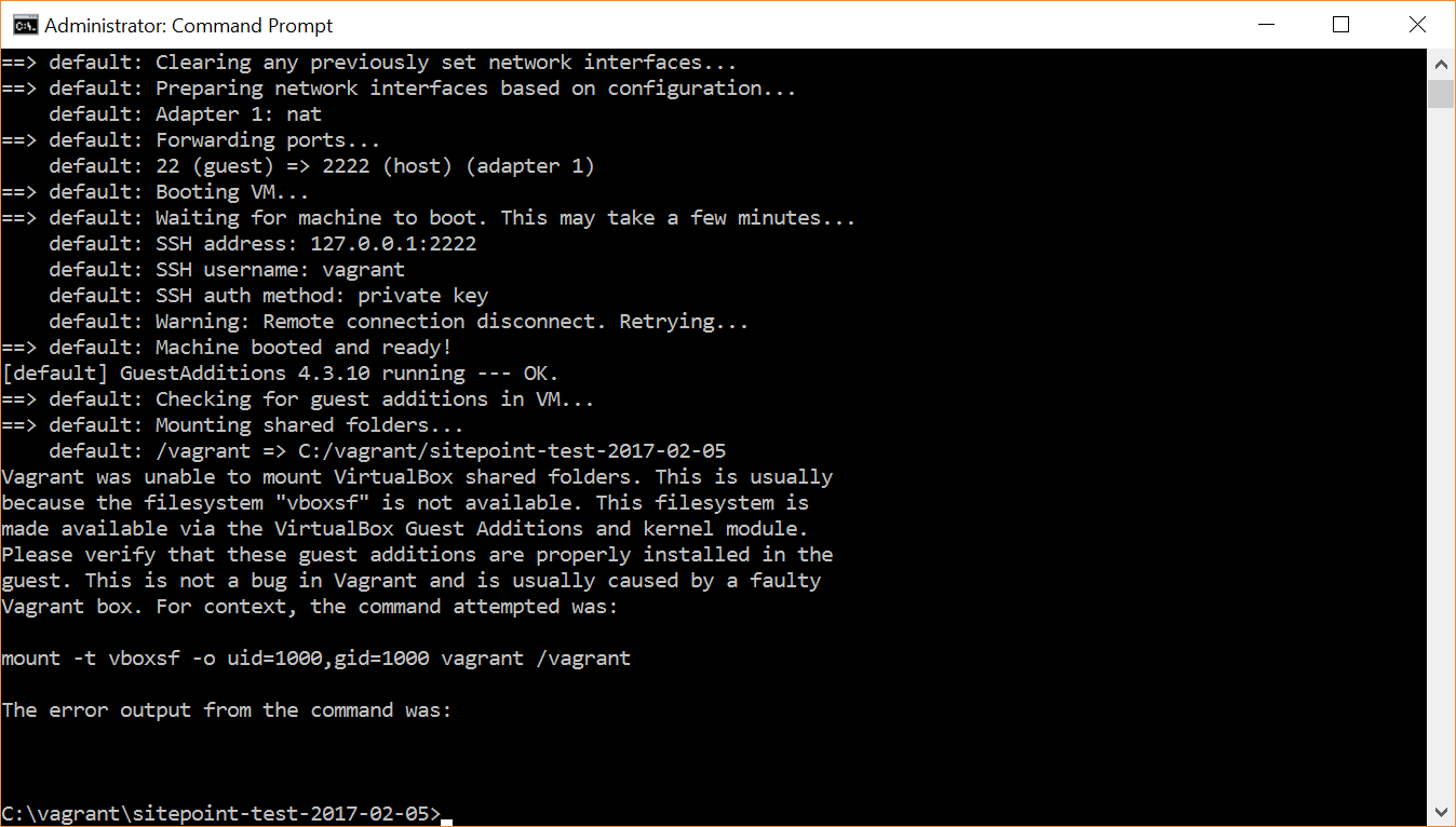 Screenshot of Vagrant/VirtualBox error