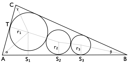 the thin triangle marked up: T is where the altitude from centre of the big circle meets the left edge, and S₁ to S₃ are where altitudes from the centres of the three circles meet the bottom edge
