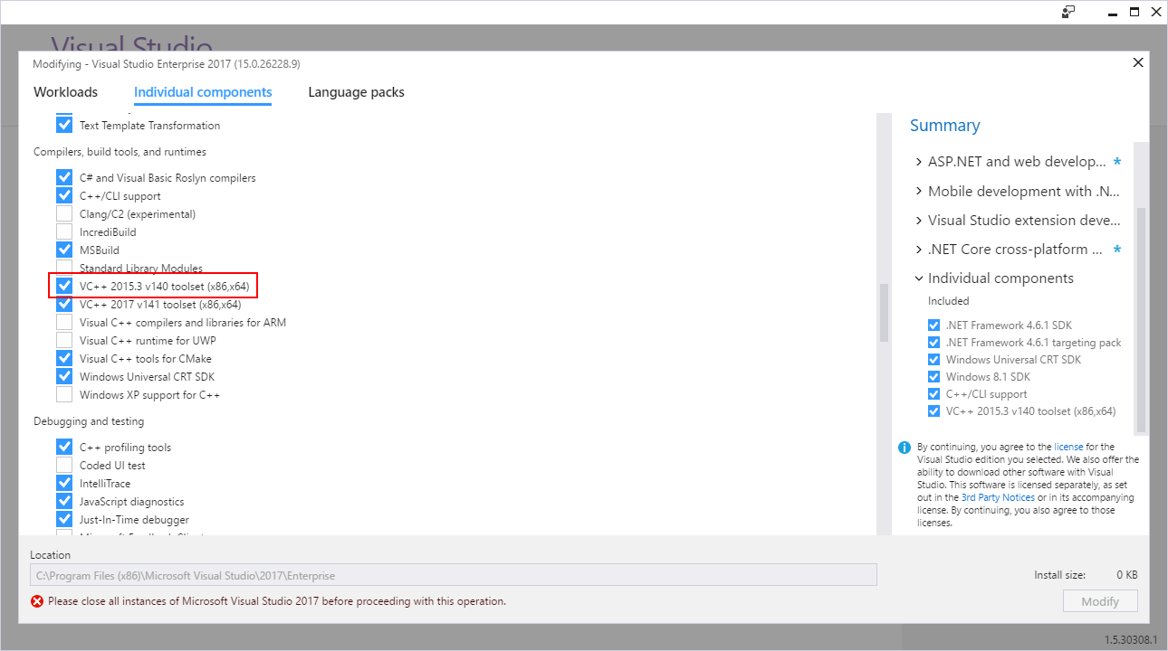 install additional components for Visual Studio 2017