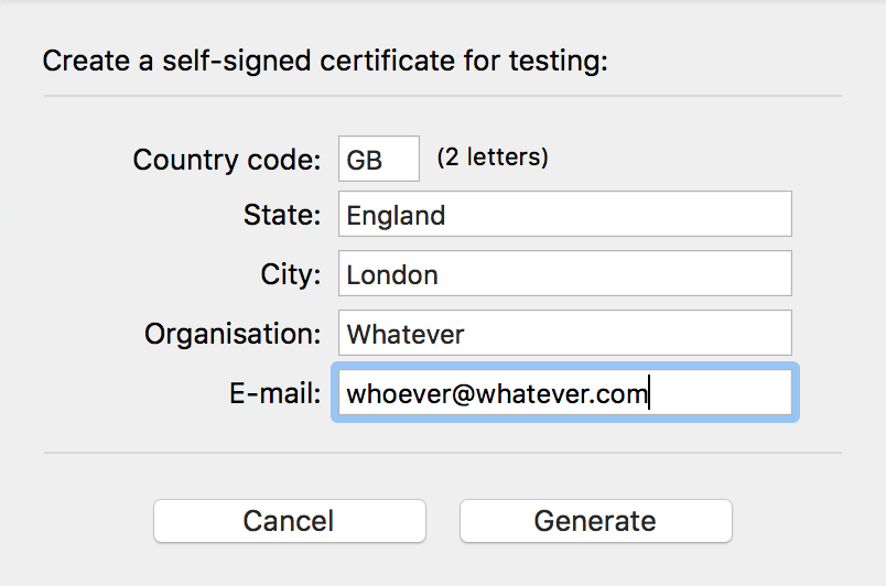 Screenshot of SSL certificate creation popup form in MAMP Pro