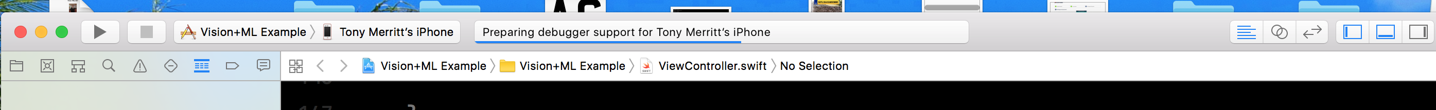 Xcode screenshot of status bar showing "Preparing debugger support"