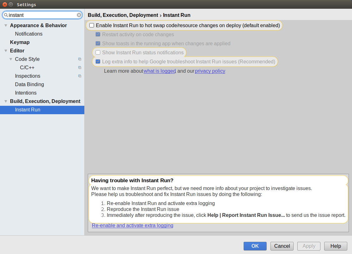 Android Studio 3.0 Settings, Showing Instant Run Options