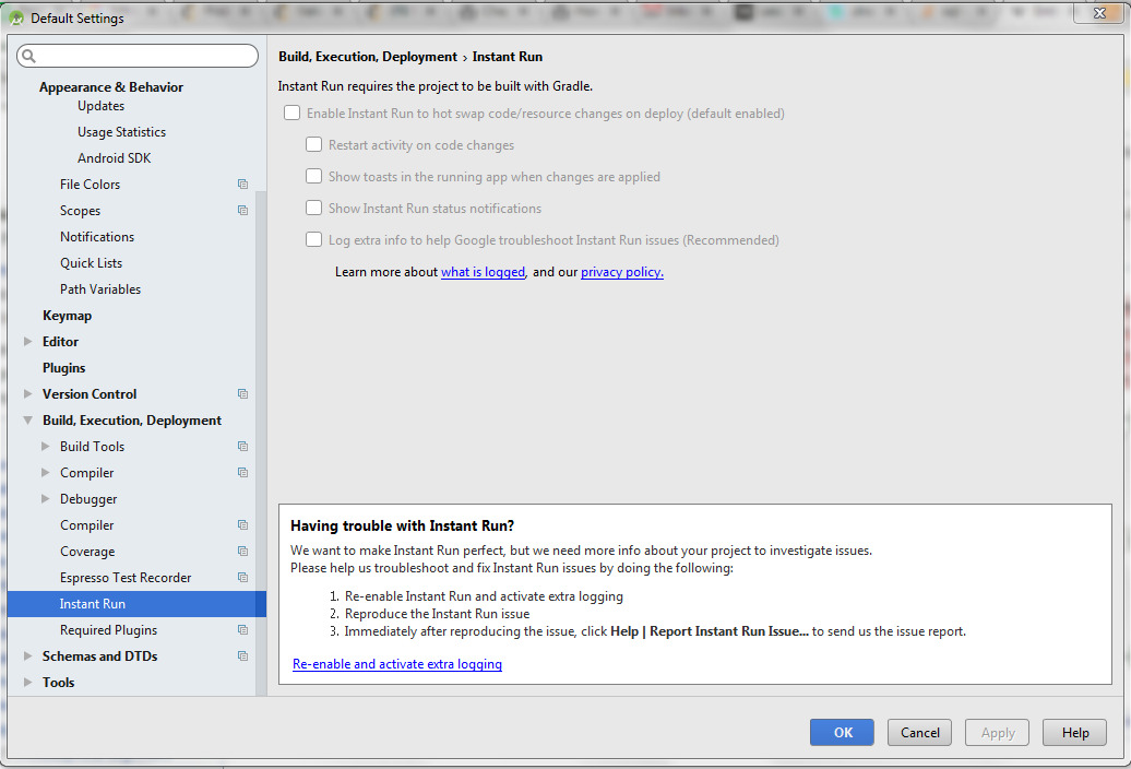 Android Studio 3.0 Settings (Windows), Showing Instant Run Options