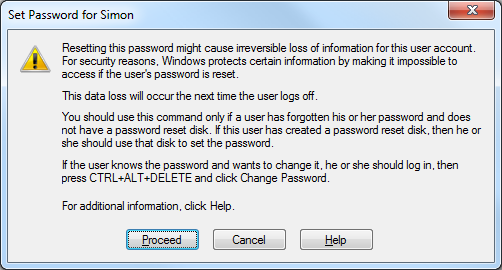 Set Password dialog with warning