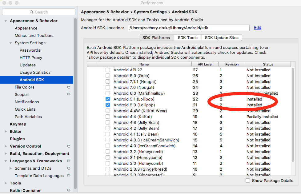 Process exit code. Android Studio preferences. The Emulator process for AVD has terminated. Preference Screen list.