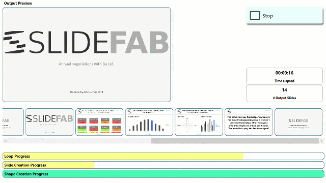 SlideFab 2. Slide making preview window showing how SlideFab automatically creates Powerpoint slides from an Excel workbook