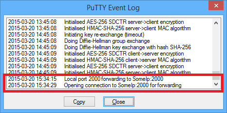 PuTTY event log