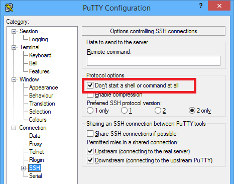 PuTTY option Don't start a shell or command at all