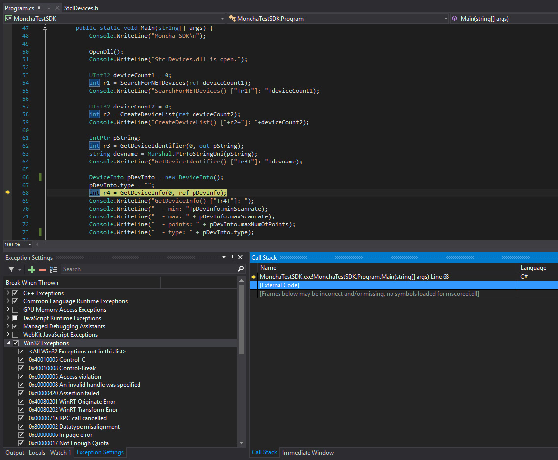 Here's an image showing the debugger when stopped at the problematic line (debug settings are also shown)