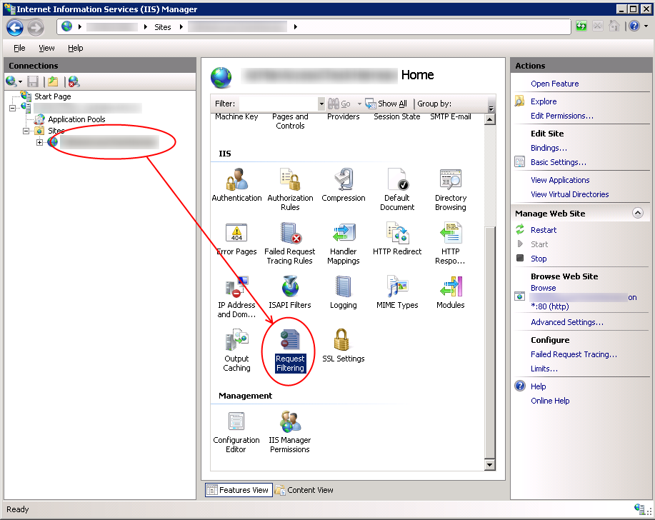 Screenshot of IIS showing location of Request Filtering option