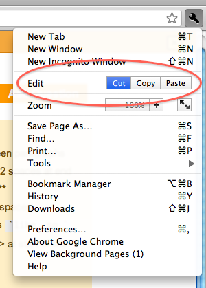 screenshot of Google Chrome's customize and control menu with the edit menu item circled