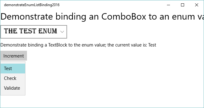 Running the sample; it includes multiple twoway bindings to the enum