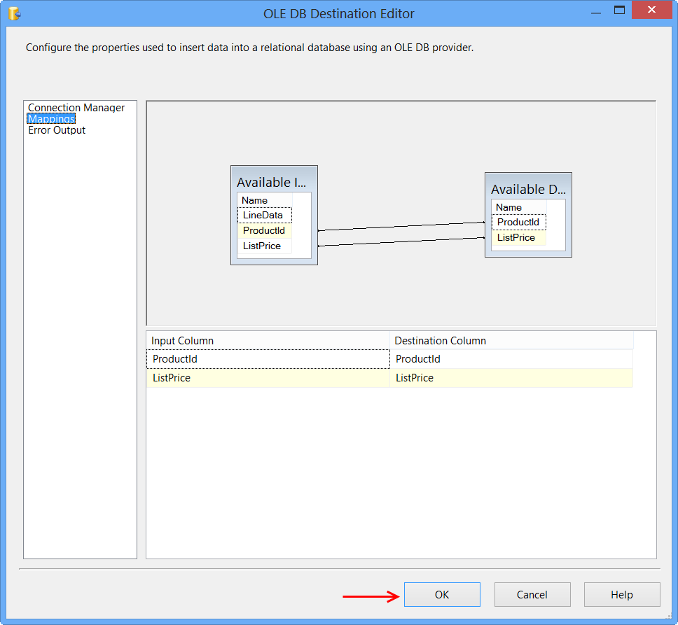 OLE DB Destination Editor - Mappings