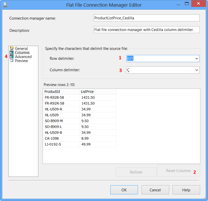 Flat File Connection Manager Editor - With Cedilla - Columns