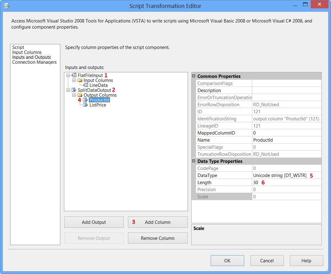 Script Transformation Editor - Inputs and Outputs - ProductId