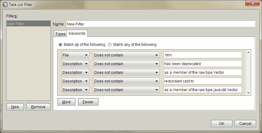 Task List Filter KeywordPanel