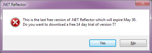 This is the last free version of .NET Reflector which will expire May 30. Do you want to download a free 14 day trial of version 7?