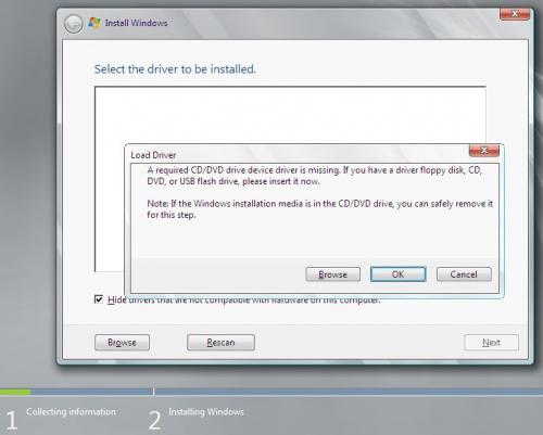 A required CD/DVD drive device driver is missing. Select the driver to be installed