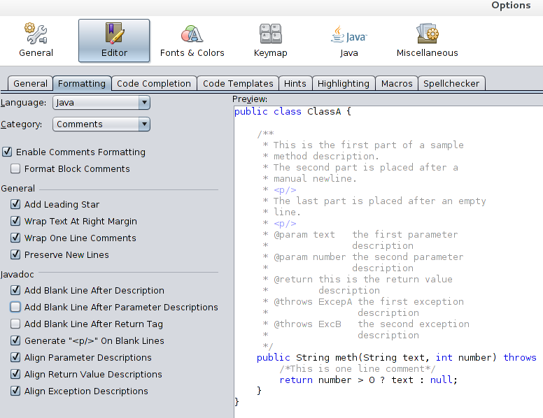 Netbeans comments formatting options