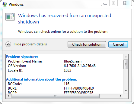 Windows blue screen error window after reboot
