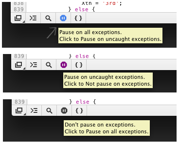 Image showing small "Pause on Exceptions" button