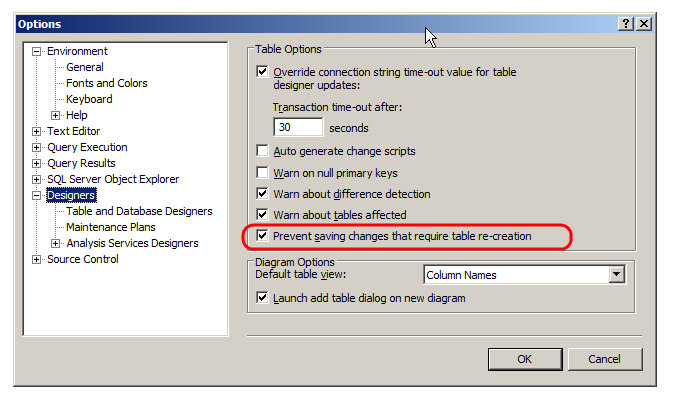 Prevent saving changes that require table re-creation