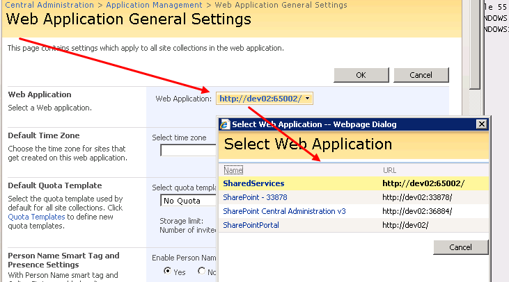 changing the selected Web Application