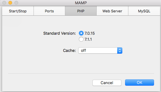 Screenshot of PHP tab of MAMP preferences
