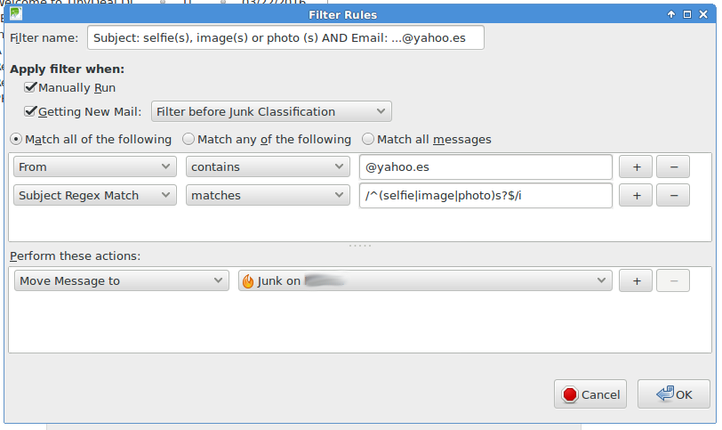 ThunderBird filter with regular expression