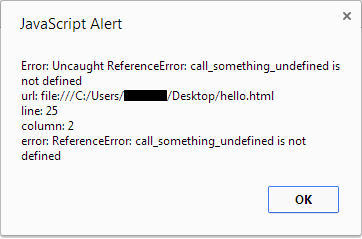 Javascript alert showing error information detailed by the window.onerror event
